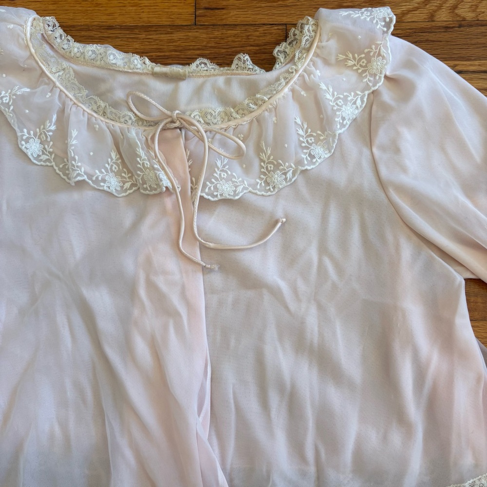 SOLD Vintage Sheer Ruffle Lace Blouse in Pale Pink - Picture 2 of 4